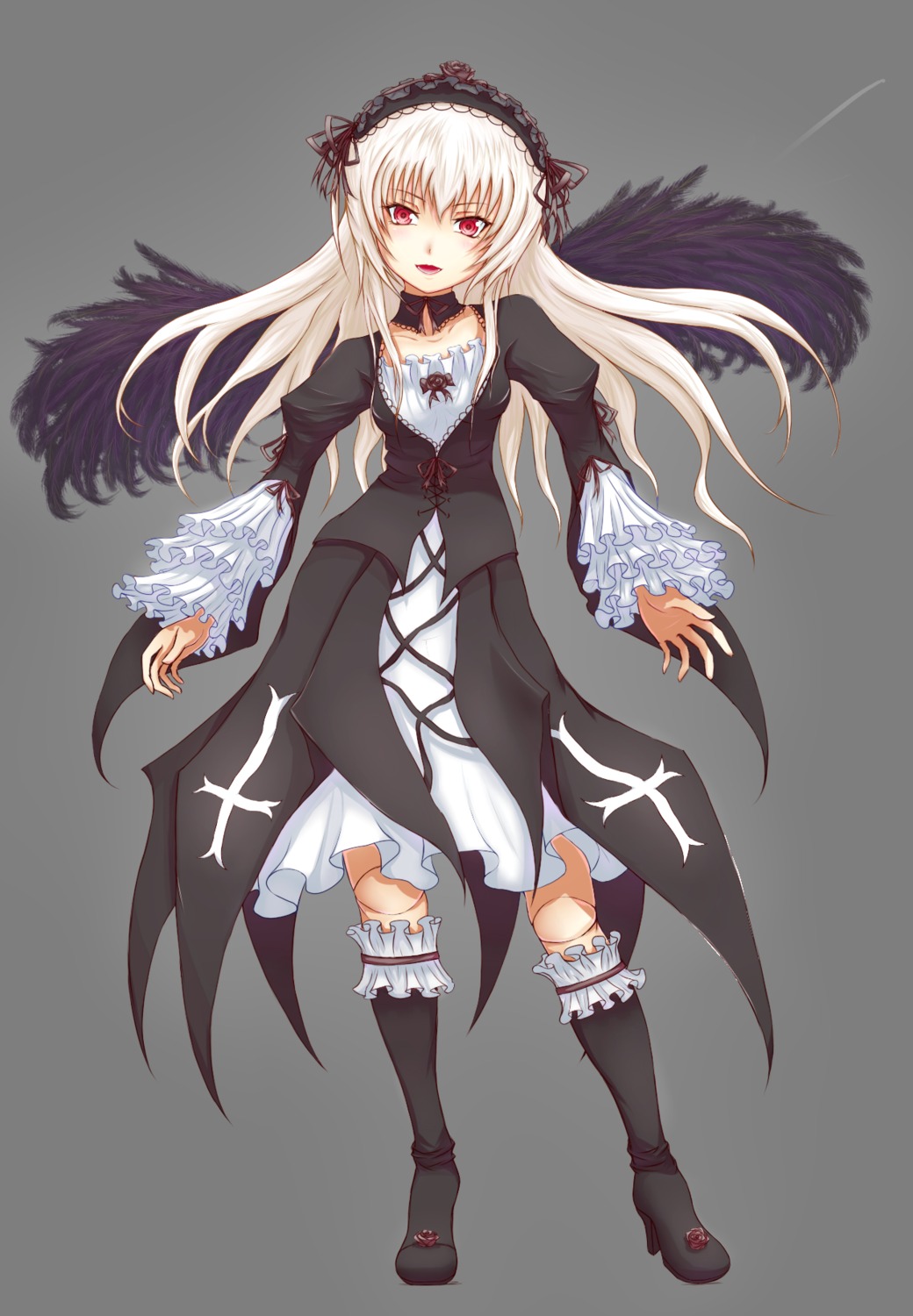 1girl black_dress black_wings boots dress frilled_sleeves frills full_body hairband image knee_boots long_hair long_sleeves looking_at_viewer red_eyes ribbon silver_hair solo suigintou wings