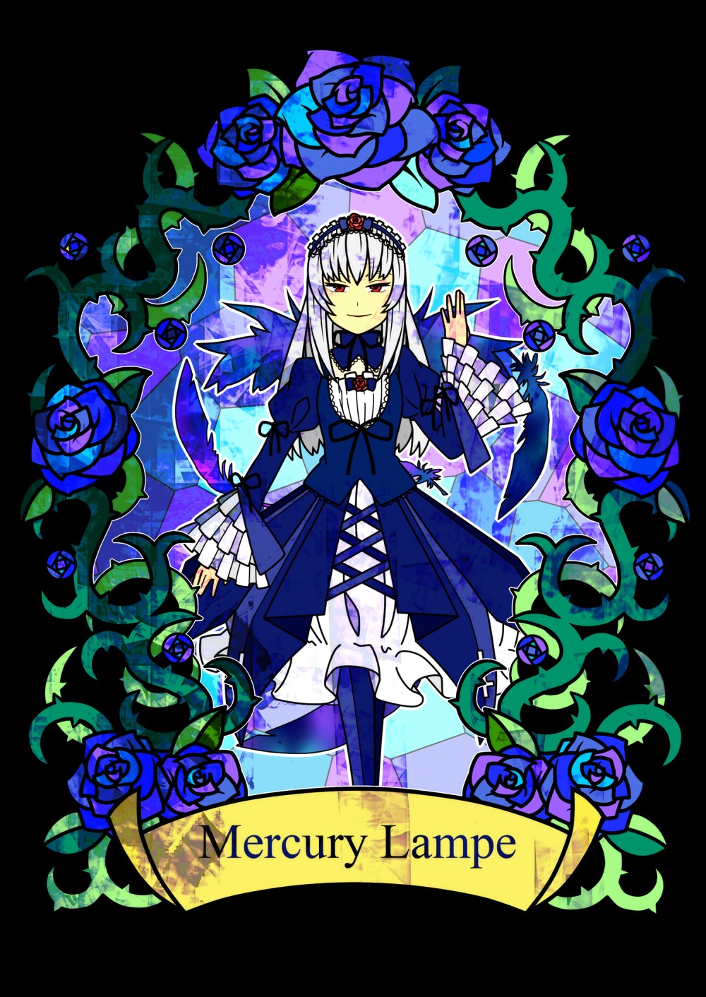 1girl blue_bow blue_flower blue_rose dress flower frills full_body hairband image long_hair looking_at_viewer purple_flower purple_rose red_eyes rose smile solo suigintou thorns transparent_background vines wings