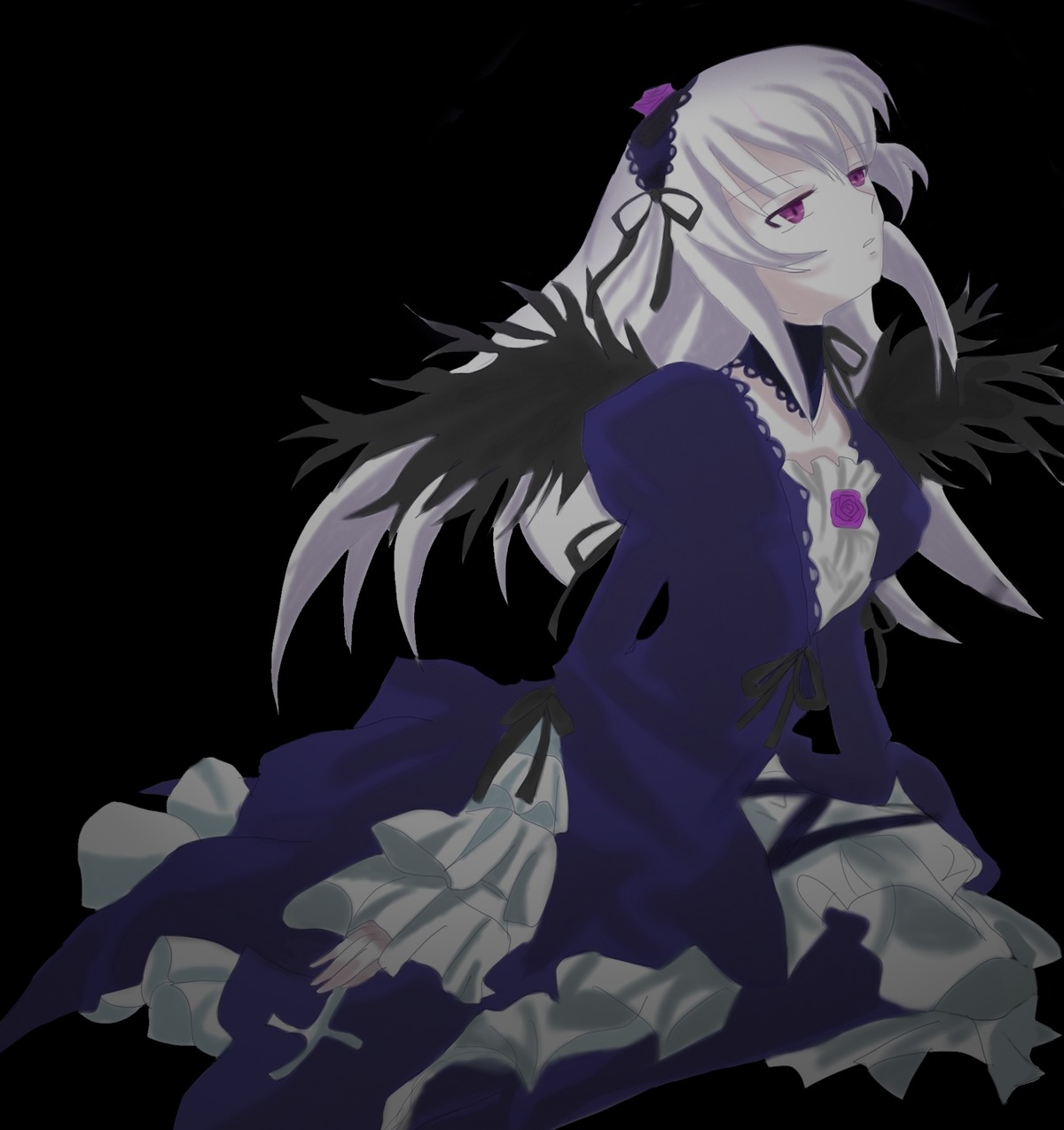 1girl black_background detached_collar dress flower frilled_sleeves frills hairband image long_hair long_sleeves pink_eyes silver_hair simple_background solo suigintou wings