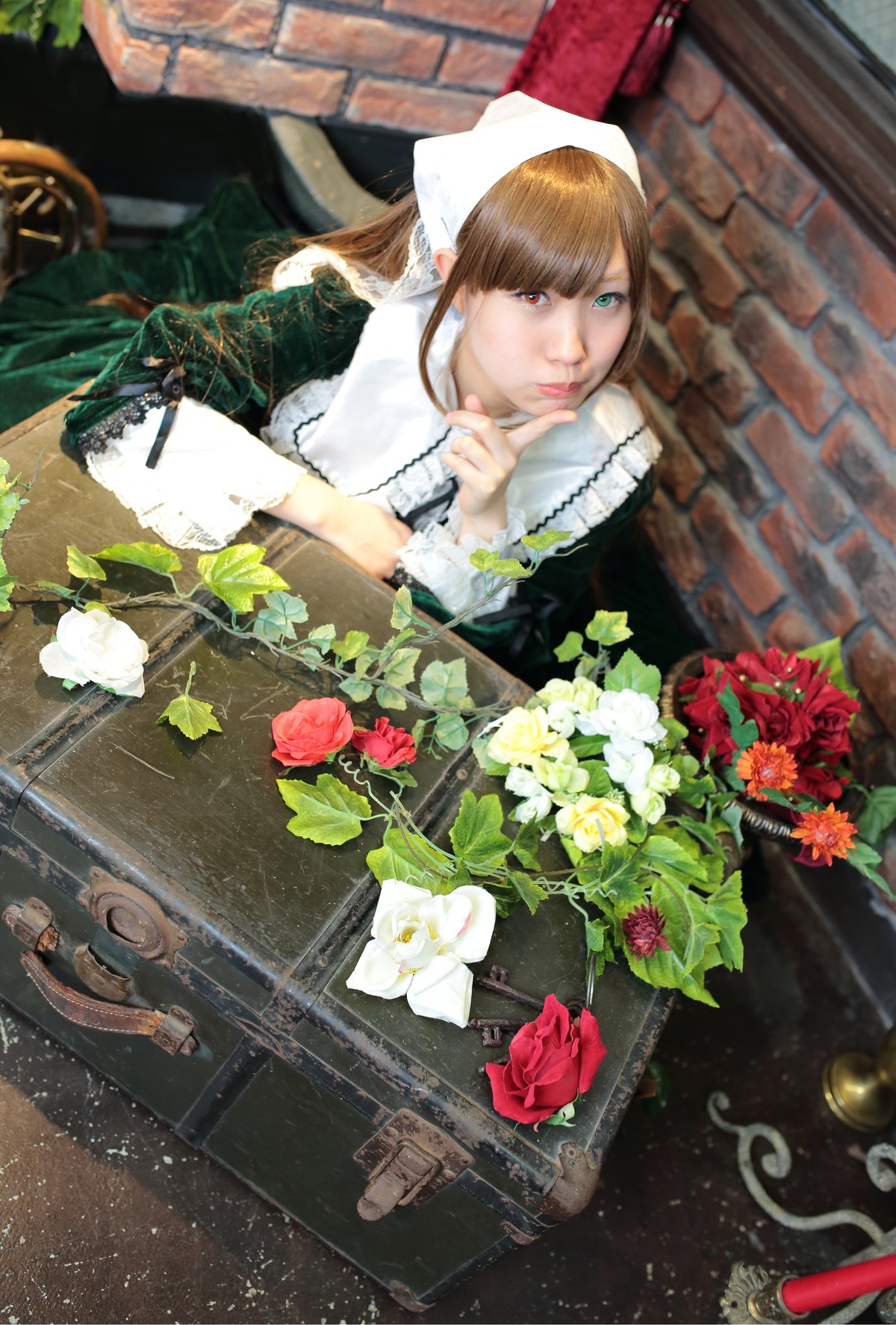 1girl bouquet brown_hair dress flower hat heterochromia lips long_hair red_eyes red_flower red_rose rose solo suiseiseki