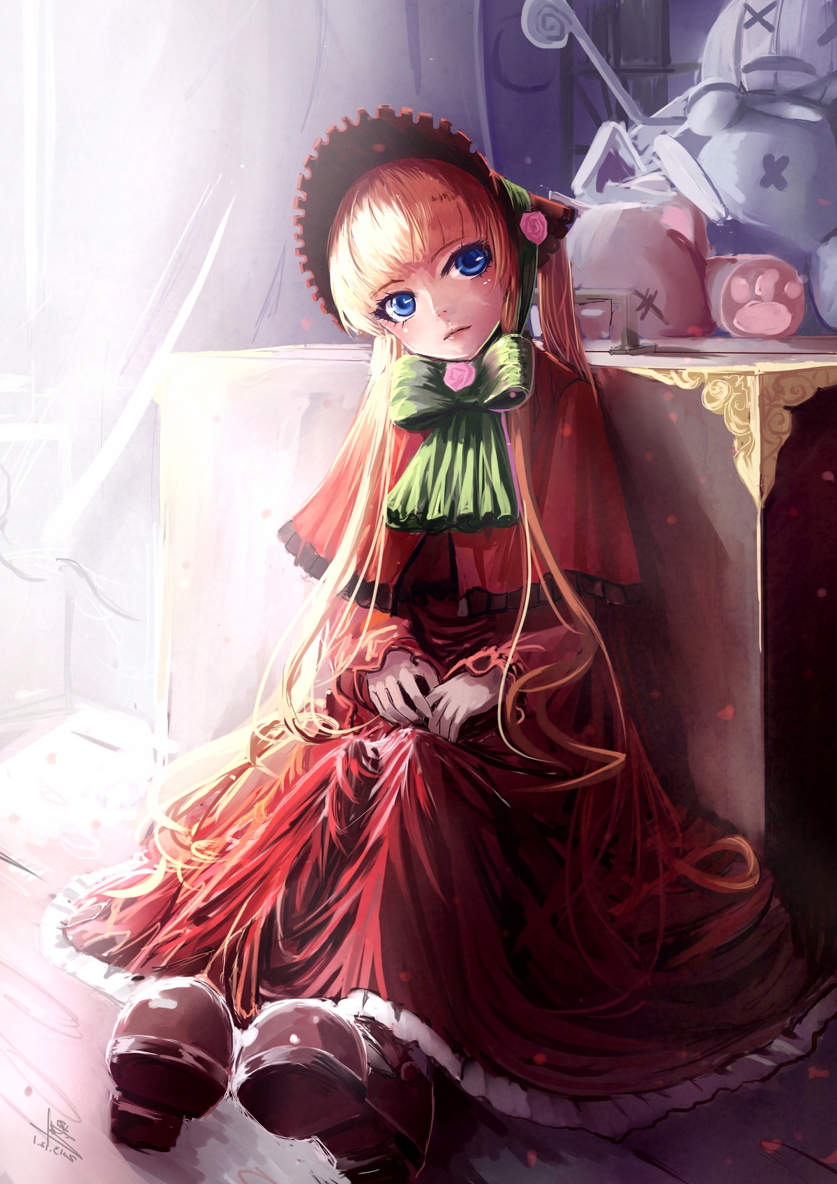 1girl blonde_hair blue_eyes bonnet cup dress image long_hair looking_at_viewer red_dress shinku sitting solo stuffed_animal