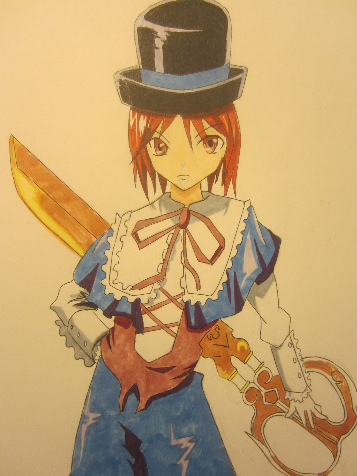 1girl auto_tagged capelet cowboy_shot dress expressionless hat image long_sleeves looking_at_viewer red_eyes ribbon short_hair simple_background solo souseiseki standing traditional_media