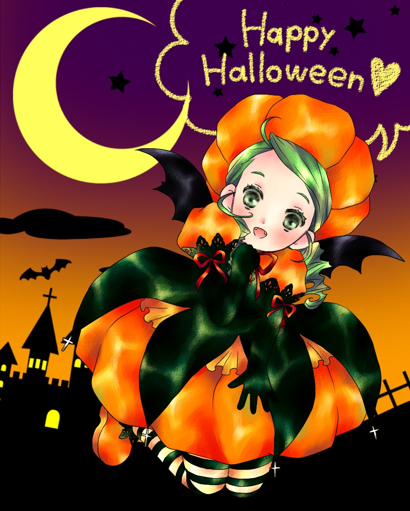 1girl crescent_moon hat image jack-o'-lantern kanaria moon solo striped striped_legwear