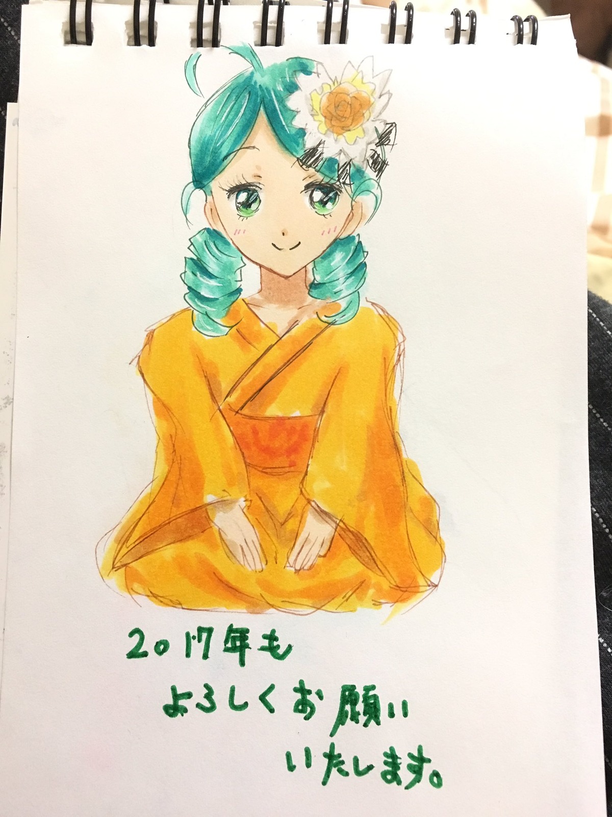 1girl character_name copyright_name drill_hair flower green_eyes hair_flower hair_ornament happy_new_year image japanese_clothes kanaria kimono looking_at_viewer new_year smile solo twin_drills wide_sleeves