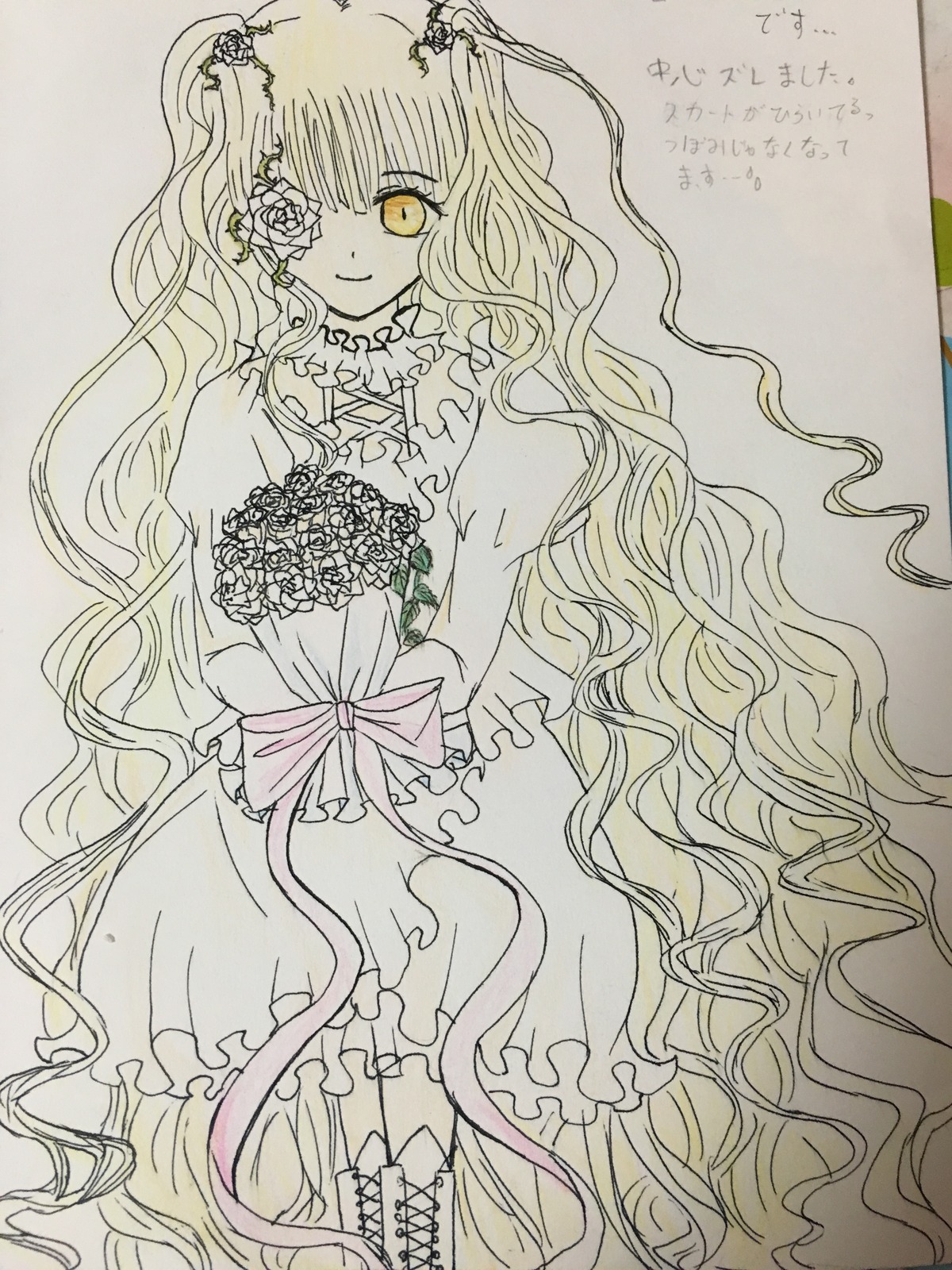 1girl boots bouquet dress flower frills hair_flower hair_ornament image kirakishou long_hair rose smile solo spot_color traditional_media very_long_hair wavy_hair yellow_eyes