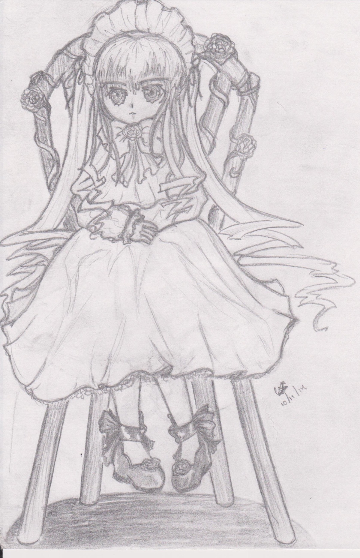 1girl chair dress flower frills full_body image long_hair long_sleeves looking_at_viewer monochrome photo rose shinku sitting solo standing traditional_media