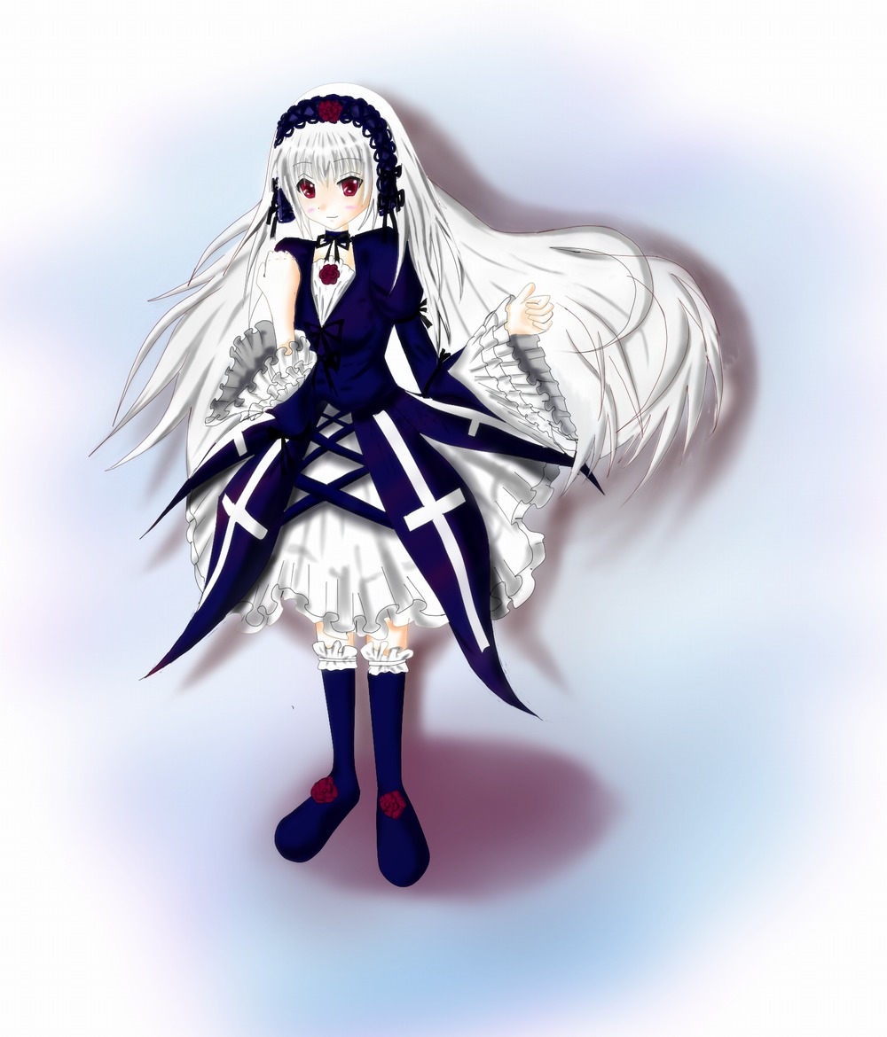 1girl black_wings blush dress flower frills full_body gothic_lolita hairband image kneehighs leg_garter lolita_fashion lolita_hairband long_hair long_sleeves looking_at_viewer red_eyes ribbon rose silver_hair smile solo suigintou very_long_hair wings