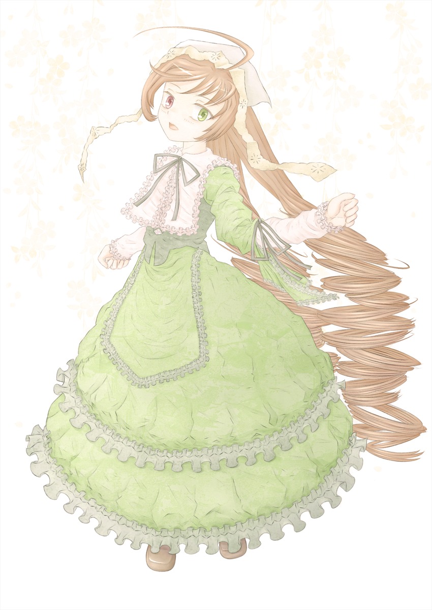 1girl brown_hair dress drill_hair frills full_body green_dress green_eyes hat heterochromia image long_hair long_sleeves looking_at_viewer red_eyes ribbon solo standing suiseiseki very_long_hair