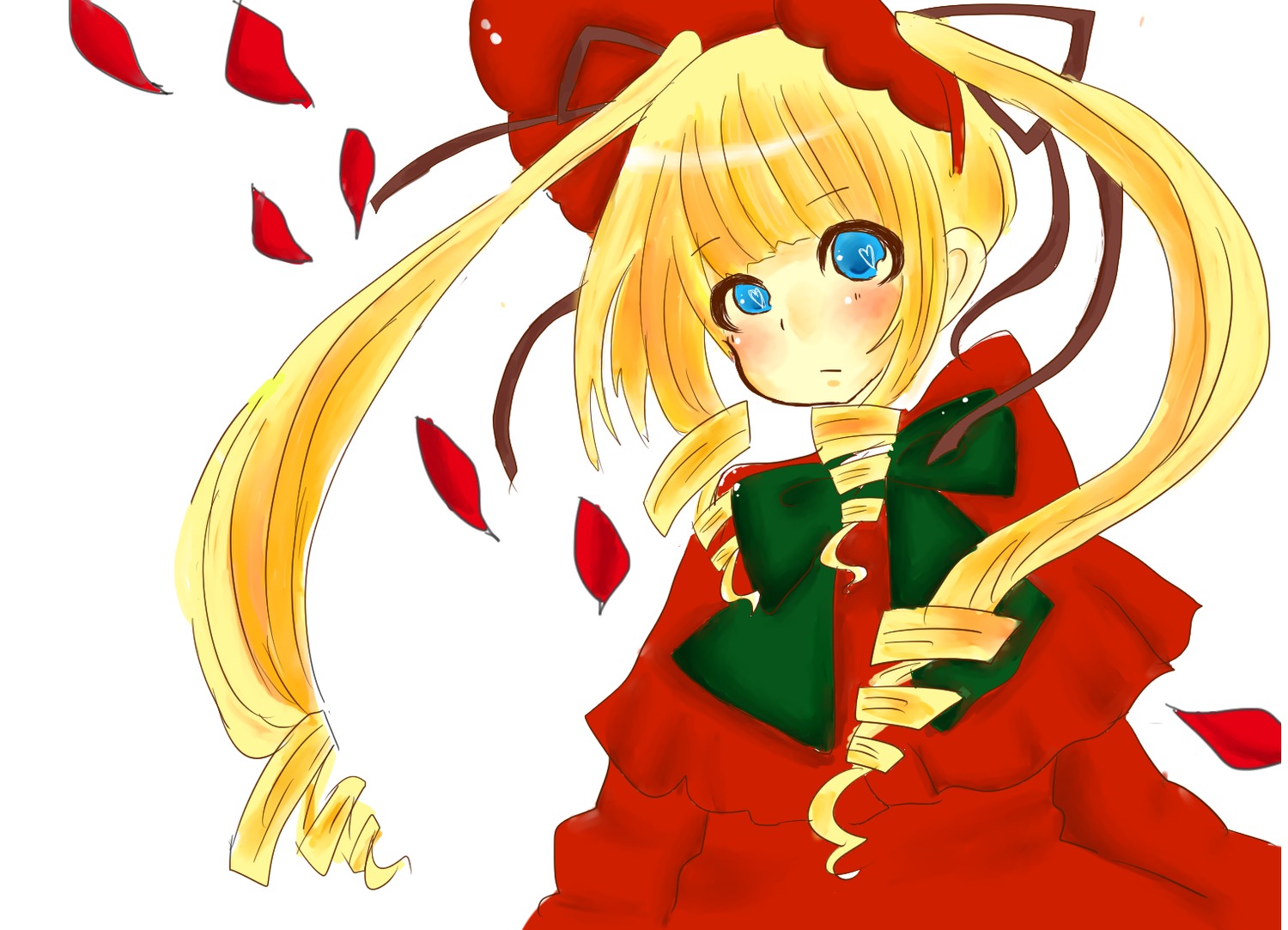 1girl blonde_hair blue_eyes blush bow dress drill_hair flower image long_hair long_sleeves looking_at_viewer petals red_dress ribbon rose_petals shinku simple_background solo twin_drills twintails upper_body white_background