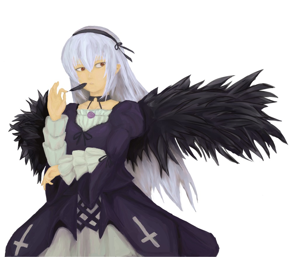 1girl black_wings dress feathers frills hairband image long_hair long_sleeves looking_at_viewer puffy_sleeves ribbon rose silver_hair solo suigintou white_background wings