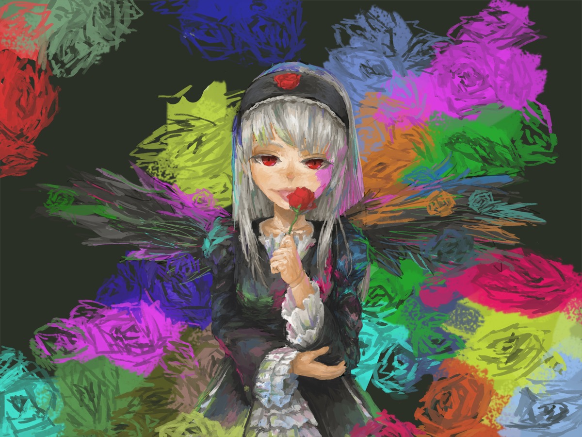 1girl bangs black_dress dress flower holding holding_flower image long_hair long_sleeves looking_at_viewer red_eyes red_flower red_rose rose solo suigintou wings