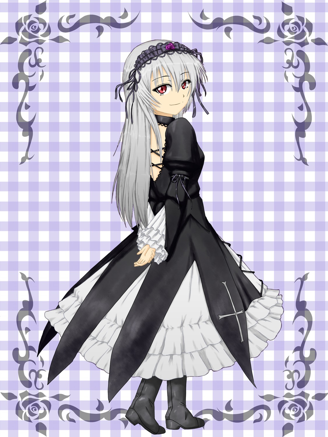 1girl argyle argyle_background argyle_legwear black_dress black_footwear board_game boots checkered checkered_background checkered_floor checkered_kimono chess_piece dress flower frilled_sleeves frills full_body gothic_lolita hairband high_heels image lolita_fashion long_hair long_sleeves looking_at_viewer looking_back plaid_background red_eyes ribbon rose silver_hair smile solo suigintou tile_floor tiles wings