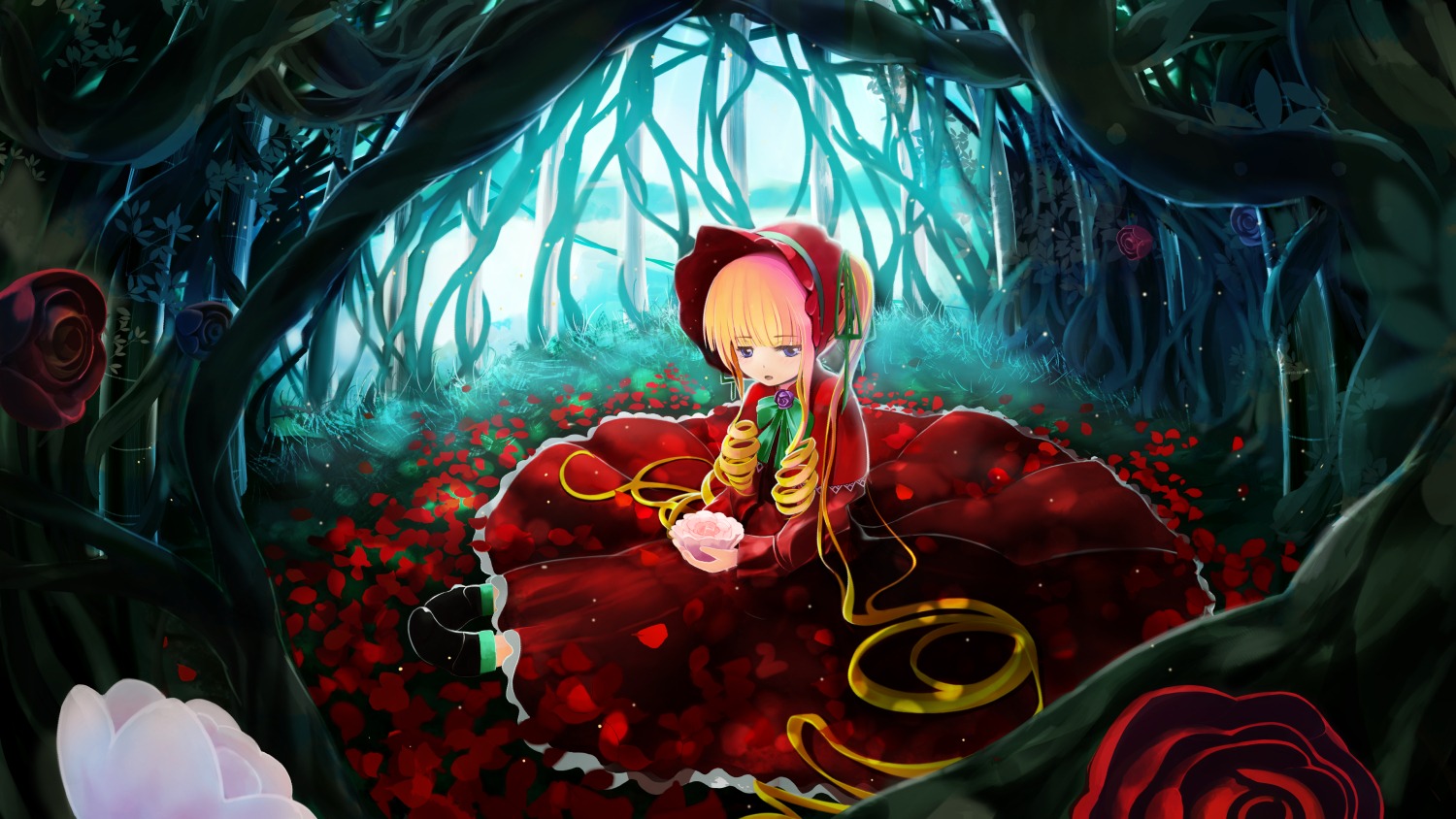 1girl blonde_hair blue_eyes bonnet capelet dress flower forest image long_hair nature red_capelet red_dress red_flower rose shinku solo twintails