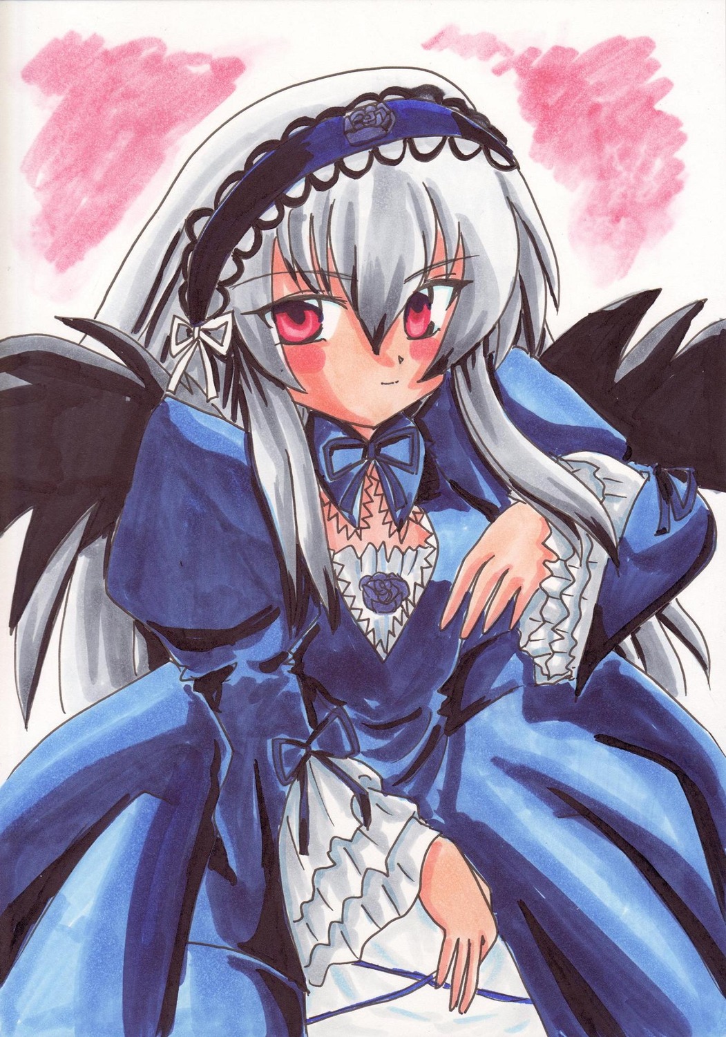 1girl black_wings blush detached_collar dress frilled_sleeves frills hairband image juliet_sleeves long_hair long_sleeves looking_at_viewer marker_(medium) puffy_sleeves red_eyes silver_hair smile solo suigintou traditional_media wings