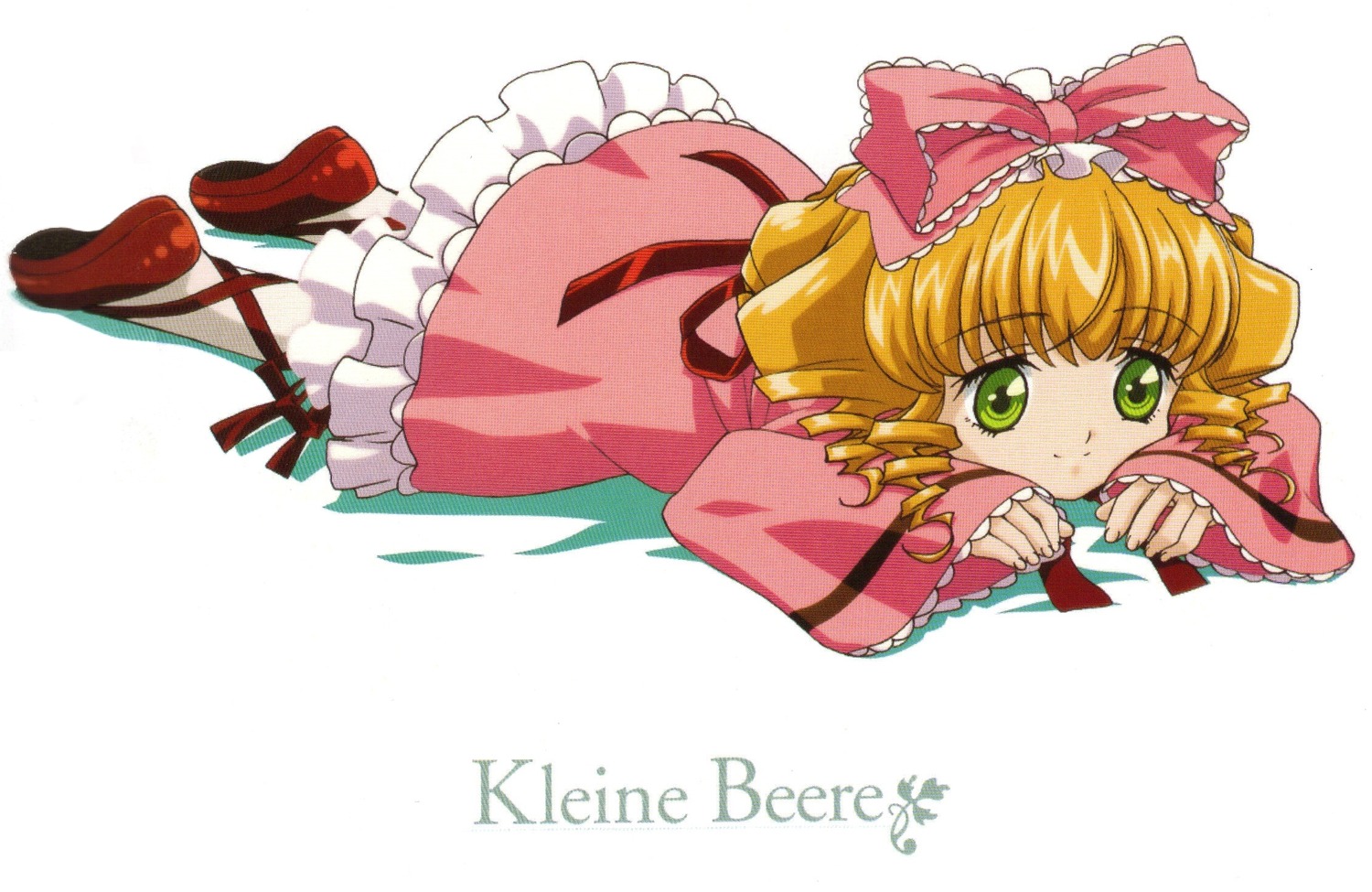 1girl blonde_hair bow character_name dress drill_hair frills full_body green_eyes hair_bow hina_ichigo hinaichigo image long_sleeves looking_at_viewer lying pink_bow pink_dress pink_footwear red_footwear shoes simple_background solo white_background white_legwear