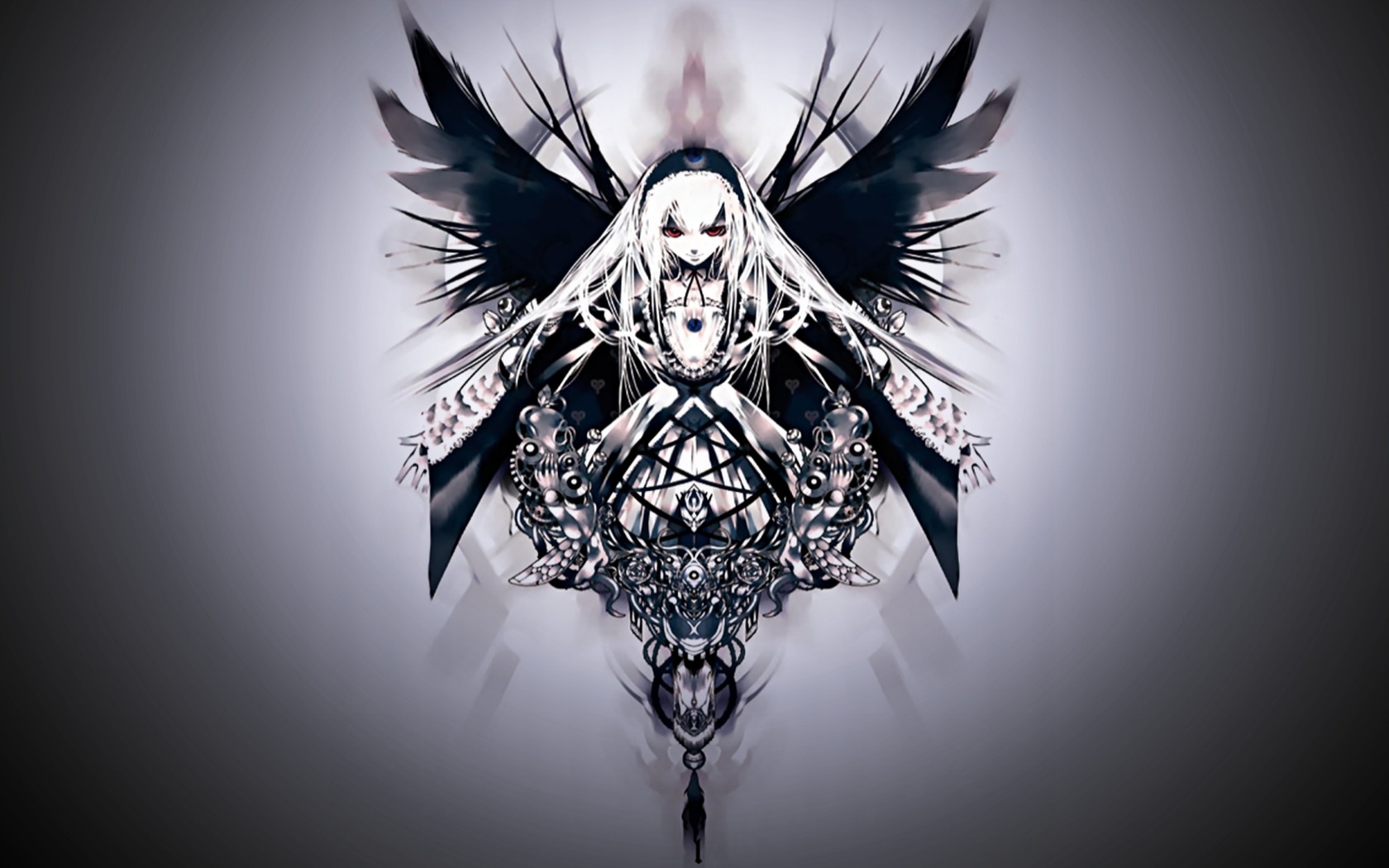 1girl black_wings chain dress image long_hair red_eyes solo suigintou very_long_hair white_hair wings