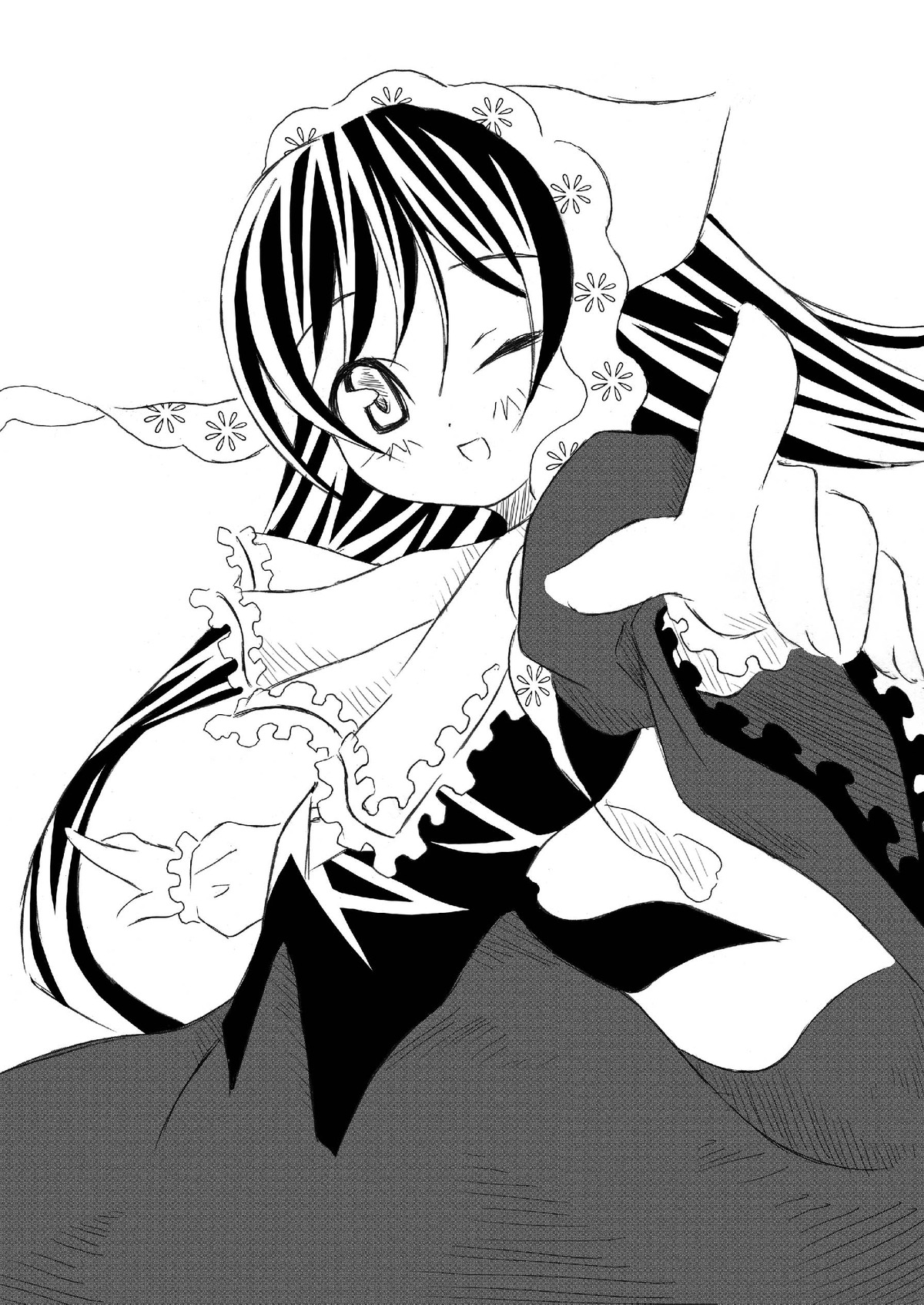 1girl blush dress frills greyscale head_scarf image long_hair long_sleeves looking_at_viewer monochrome one_eye_closed open_mouth outstretched_arm simple_background smile solo suiseiseki very_long_hair white_background