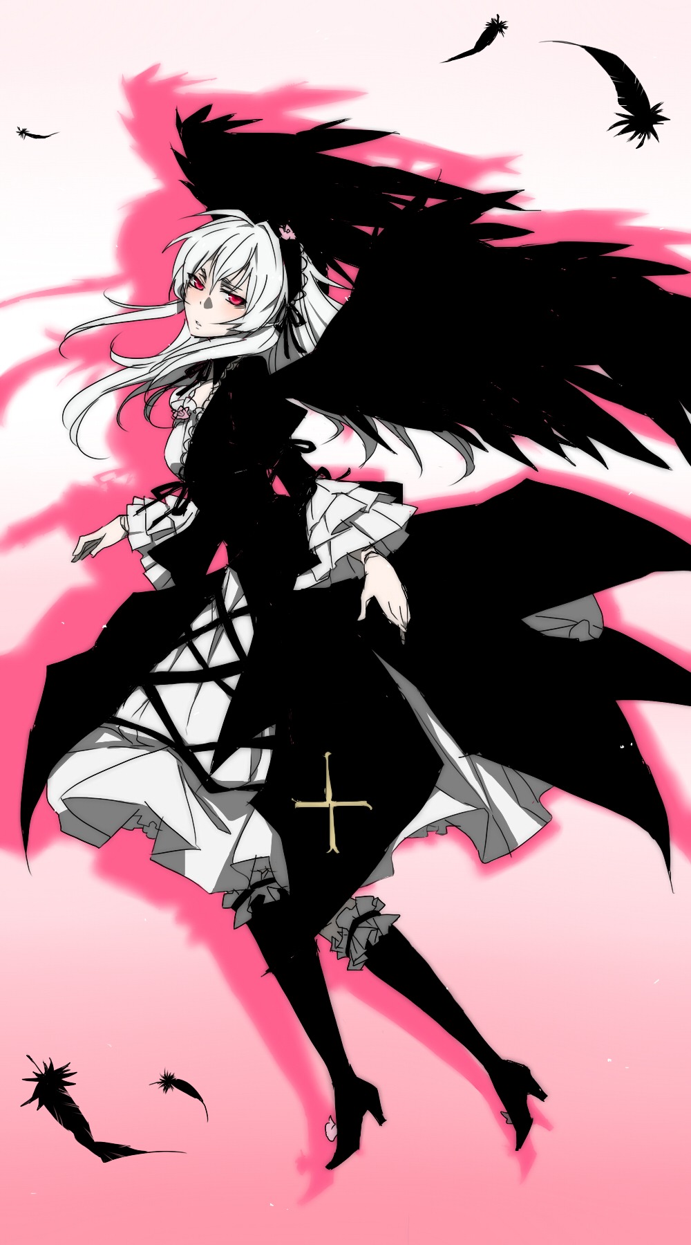1girl bird black_feathers black_wings boots crow dove dress feathered_wings feathers gothic_lolita hairband high_heel_boots high_heels image long_hair long_sleeves looking_at_viewer red_eyes solo suigintou wings