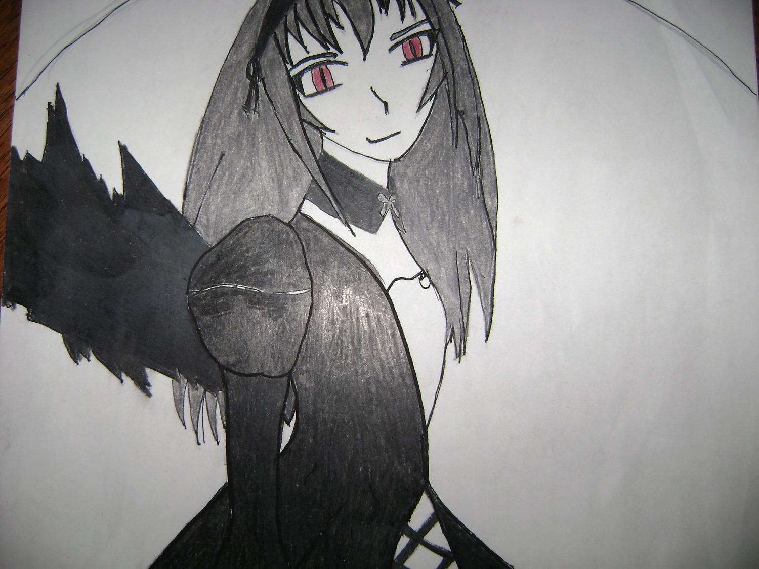 1girl closed_mouth dress greyscale image long_hair looking_at_viewer monochrome red_eyes smile solo spot_color suigintou traditional_media upper_body