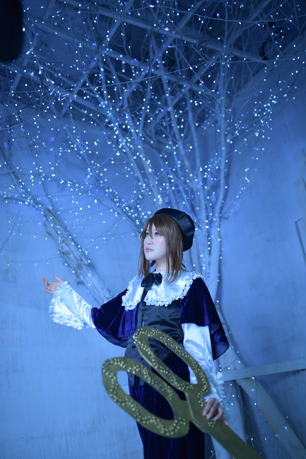 1girl blue_theme dress frills hat long_sleeves night night_sky short_hair sky solo souseiseki star_(sky) starry_sky