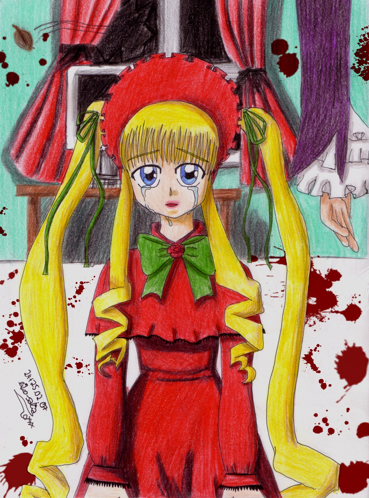 1girl blonde_hair blood blood_on_face blood_splatter bloody_clothes blue_eyes bonnet bow bowtie cowboy_shot dress drill_hair green_bow green_neckwear image long_hair long_sleeves looking_at_viewer marker_(medium) red_dress shinku solo traditional_media twin_drills twintails very_long_hair