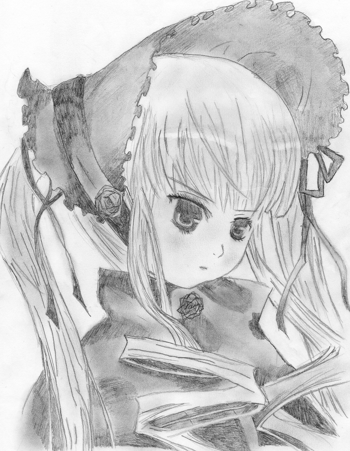 1girl bonnet flower frills greyscale image long_hair looking_at_viewer monochrome rose shinku simple_background solo suigintou traditional_media upper_body white_background