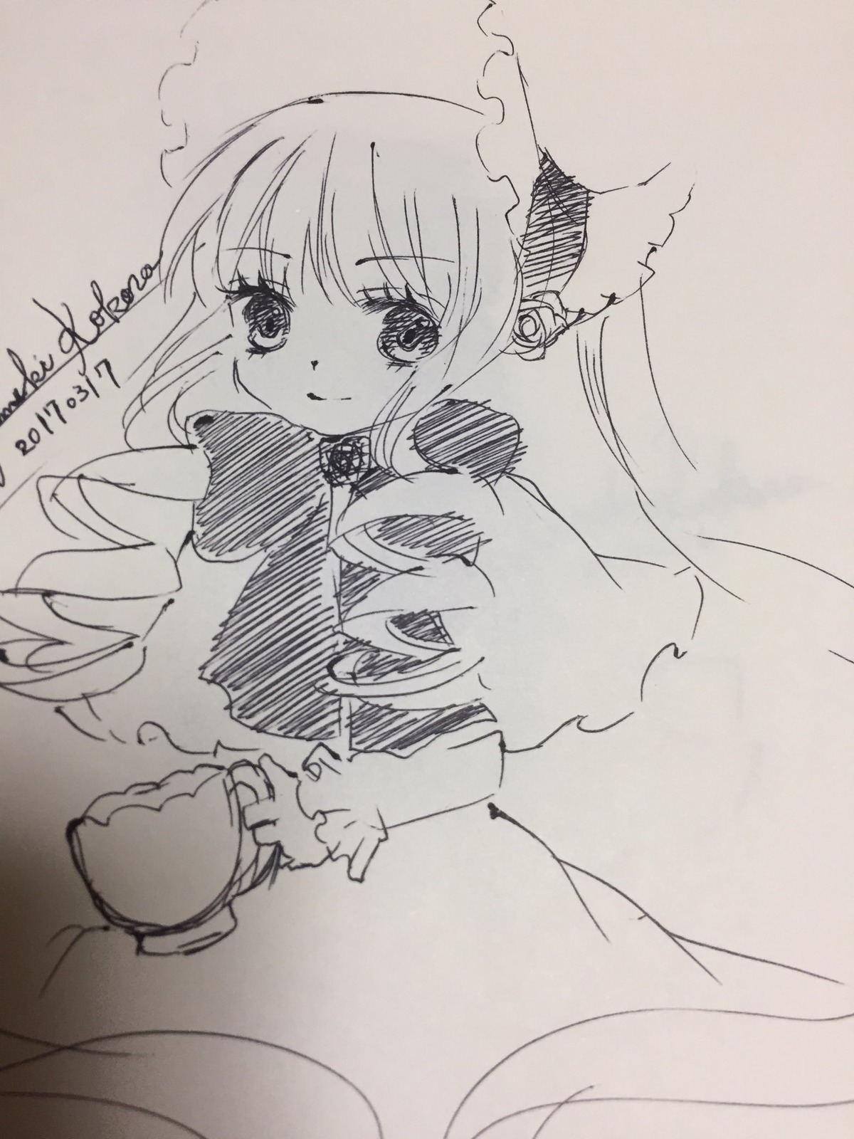 1girl bangs blush closed_mouth cup dated dress drill_hair eyebrows_visible_through_hair frills greyscale hat holding image long_hair long_sleeves looking_at_viewer monochrome shinku simple_background smile solo teacup twin_drills umbrella