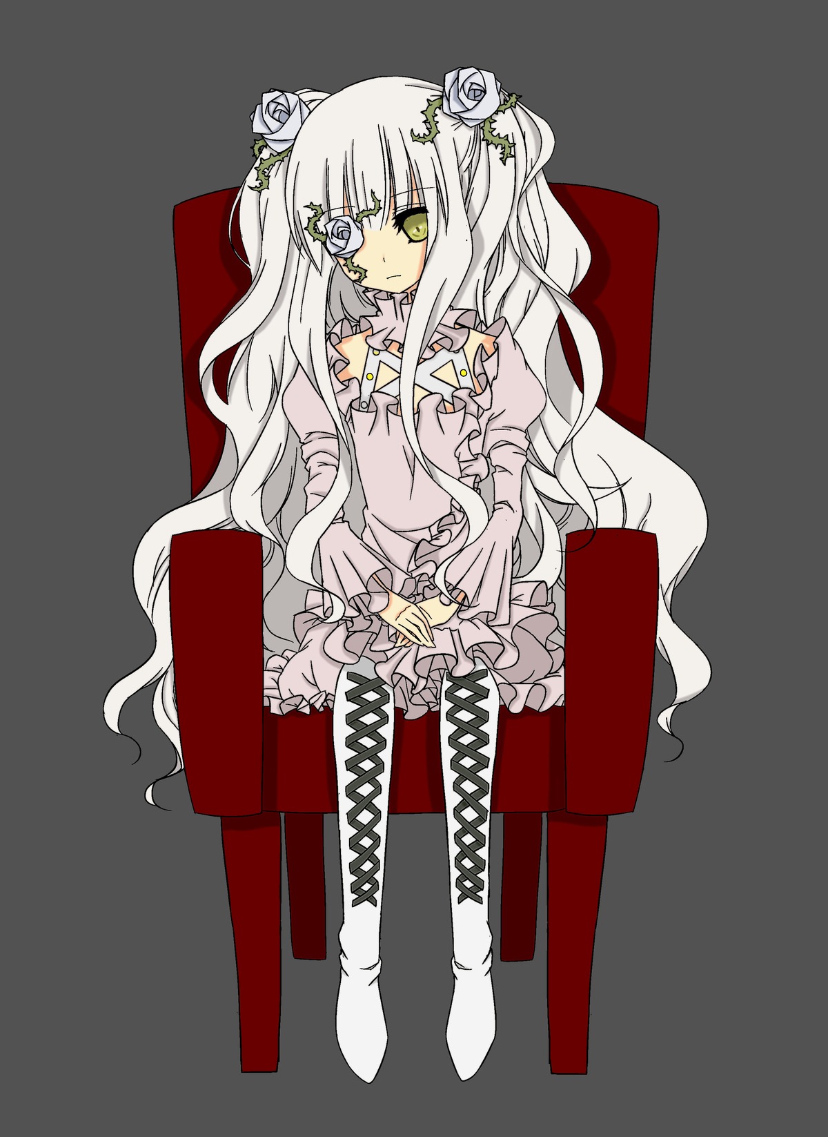 1girl boots chair cross-laced_footwear dress eyepatch flower frills hair_flower hair_ornament image kirakishou knee_boots lolita_fashion long_hair rose sitting solo two_side_up very_long_hair white_hair