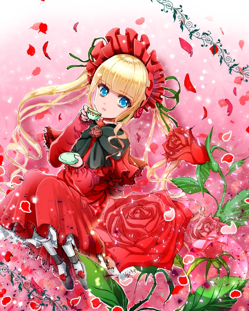 1girl blonde_hair blue_eyes bonnet bow capelet cup dress flower holding holding_cup image long_hair looking_at_viewer petals red_capelet red_dress red_flower red_rose rose rose_petals shinku sitting solo teacup