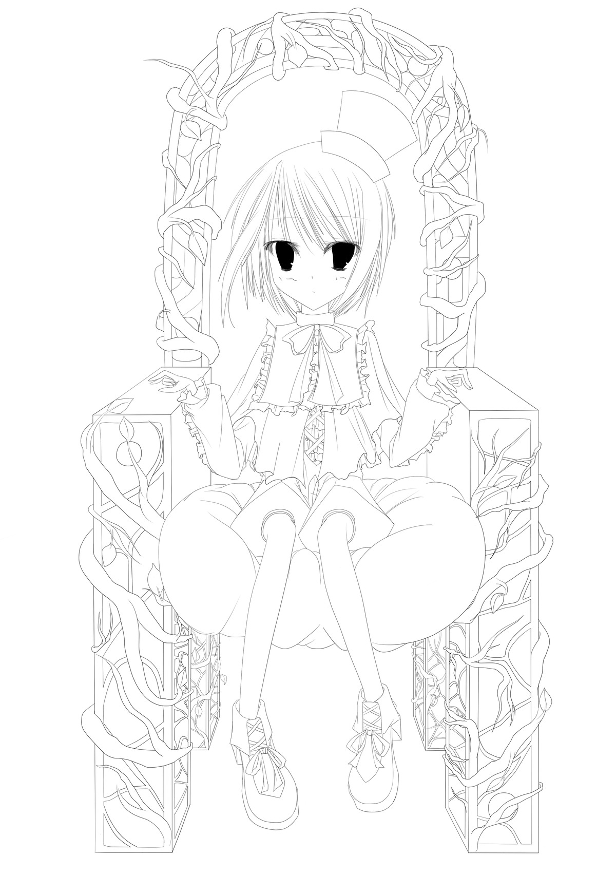 1girl bangs bow bowtie dress frills full_body greyscale hat image long_sleeves looking_at_viewer monochrome shoes short_hair sitting solo souseiseki top_hat