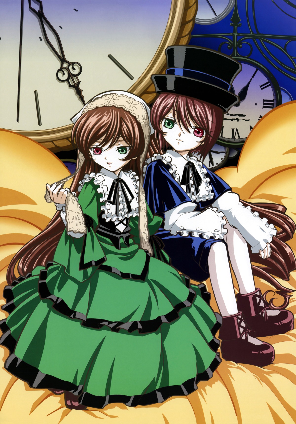 2girls 3girls brown_hair dress frills green_dress green_eyes hat heterochromia image long_hair long_sleeves looking_at_viewer multiple_girls pair red_eyes short_hair siblings sisters souseiseki suiseiseki top_hat twins very_long_hair