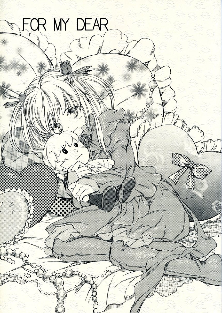 1girl barasuishou character_doll doll dress frilled_pillow frills greyscale hair_ornament image long_hair monochrome pillow smile solo traditional_media twintails