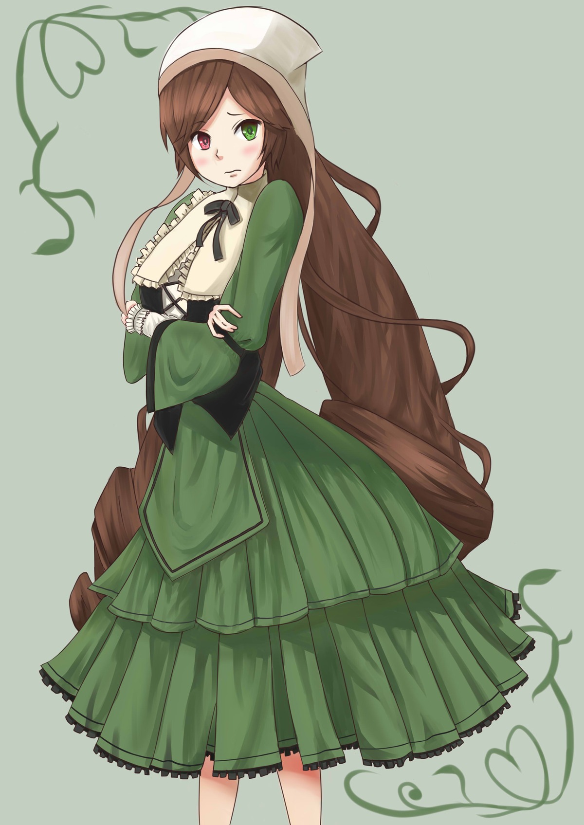 1girl brown_hair crossed_arms dress frills green_background green_dress green_eyes heterochromia image long_hair long_sleeves looking_at_viewer red_eyes simple_background solo standing suiseiseki very_long_hair