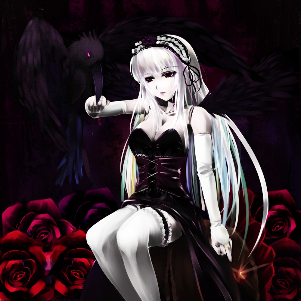 1girl animal_on_arm asa_(swallowtail) bird bird_on_arm black_flower black_rose bouquet breasts cleavage crow dress elbow_gloves flower gloves hairband image large_breasts long_hair pale_skin photoshop_(medium) pink_rose purple_rose red_eyes red_flower red_rose rose rose_petals rozen_maiden sitting solo spider_lily suigintou thighhighs thorns white_hair white_rose wings