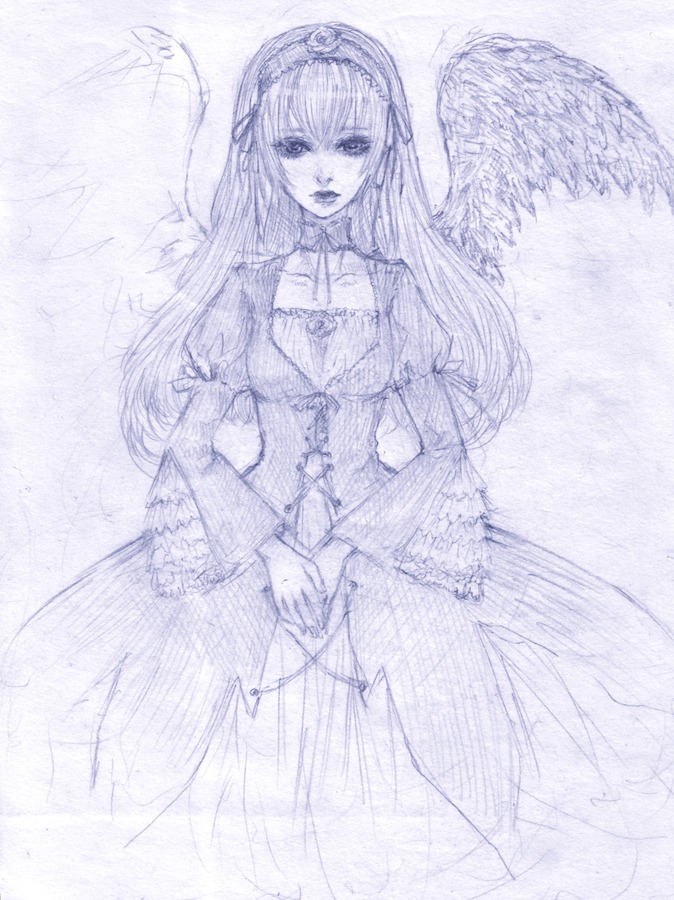 1girl blue_theme choker dress feathered_wings frills hairband image long_hair long_sleeves looking_at_viewer monochrome purple_theme solo suigintou traditional_media wings