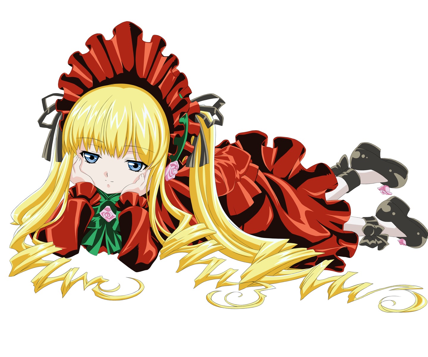 1girl bangs black_footwear blonde_hair blue_eyes bonnet bow bowtie chin_rest dress flower frills full_body green_bow image long_hair long_sleeves looking_at_viewer lying on_stomach red_dress rose shinku shoes simple_background solo white_background