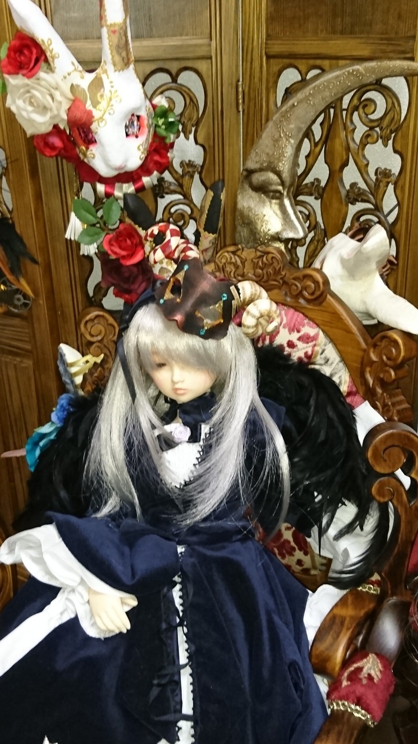 1girl closed_eyes doll dress flower long_hair red_flower red_rose rose sitting solo suigintou white_hair