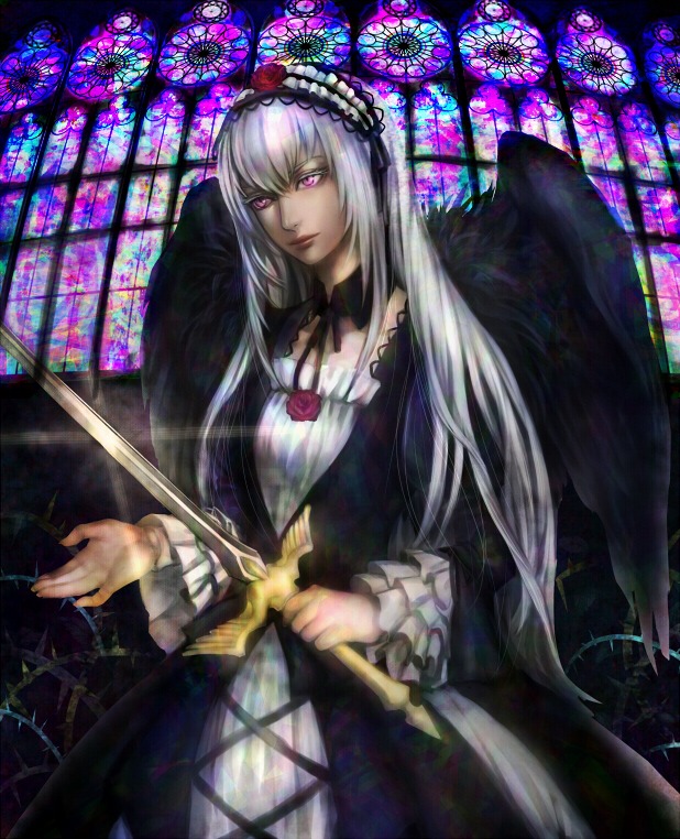 1girl black_wings dress flower frilled_sleeves frills hairband holding image long_hair long_sleeves looking_at_viewer pink_eyes silver_hair solo stained_glass suigintou weapon wings