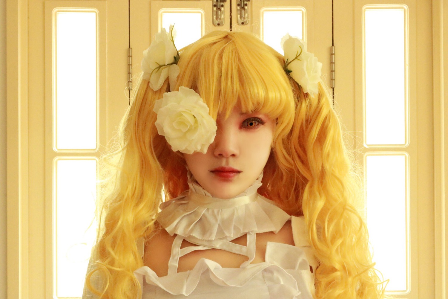 1girl bangs blonde_hair flower hair_flower hair_ornament kirakishou lips long_hair rose solo white_flower white_rose