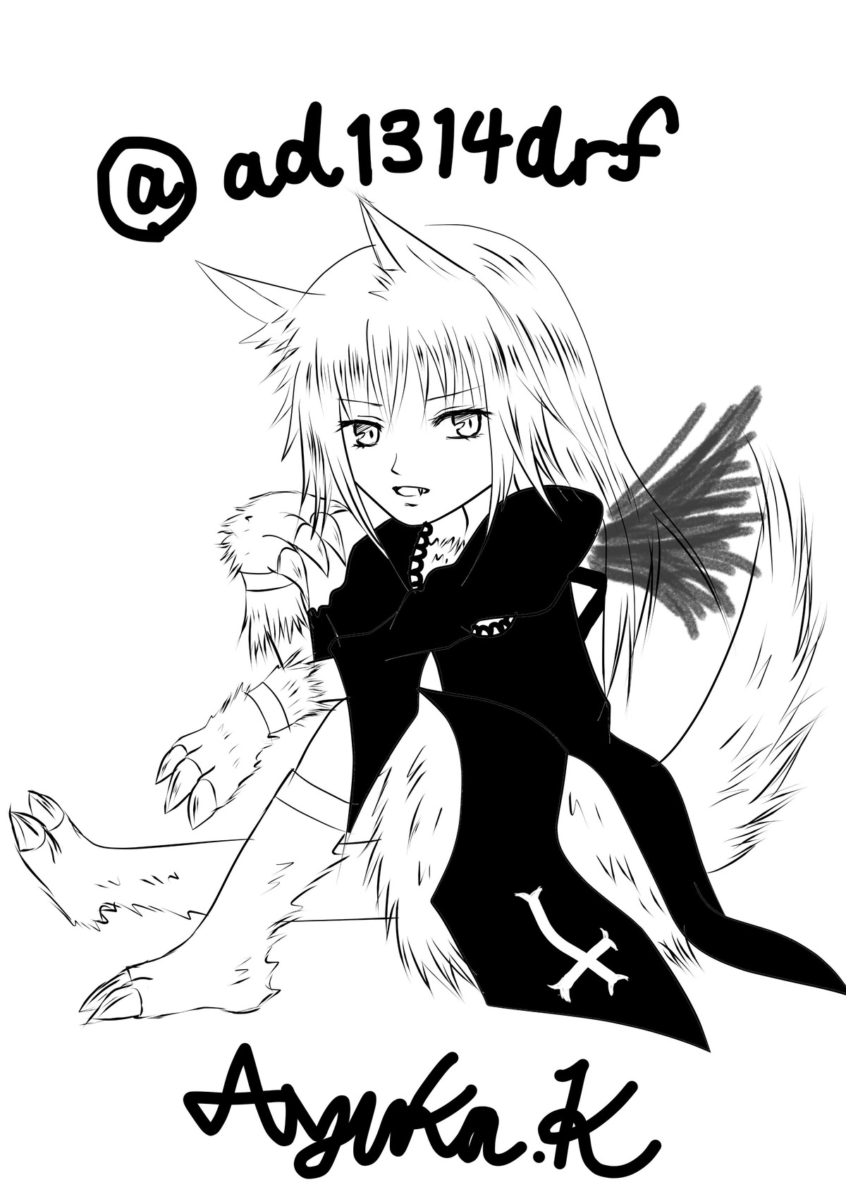 1girl animal_ears claws dress greyscale image long_hair looking_at_viewer monochrome monster_girl solo striped suigintou tail wolf_ears