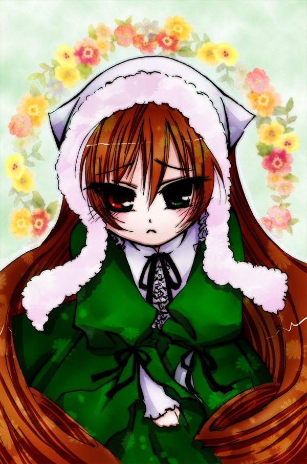 1girl brown_hair dress fake_animal_ears flower green_dress green_eyes heterochromia image long_hair long_sleeves looking_at_viewer red_eyes solo suiseiseki very_long_hair