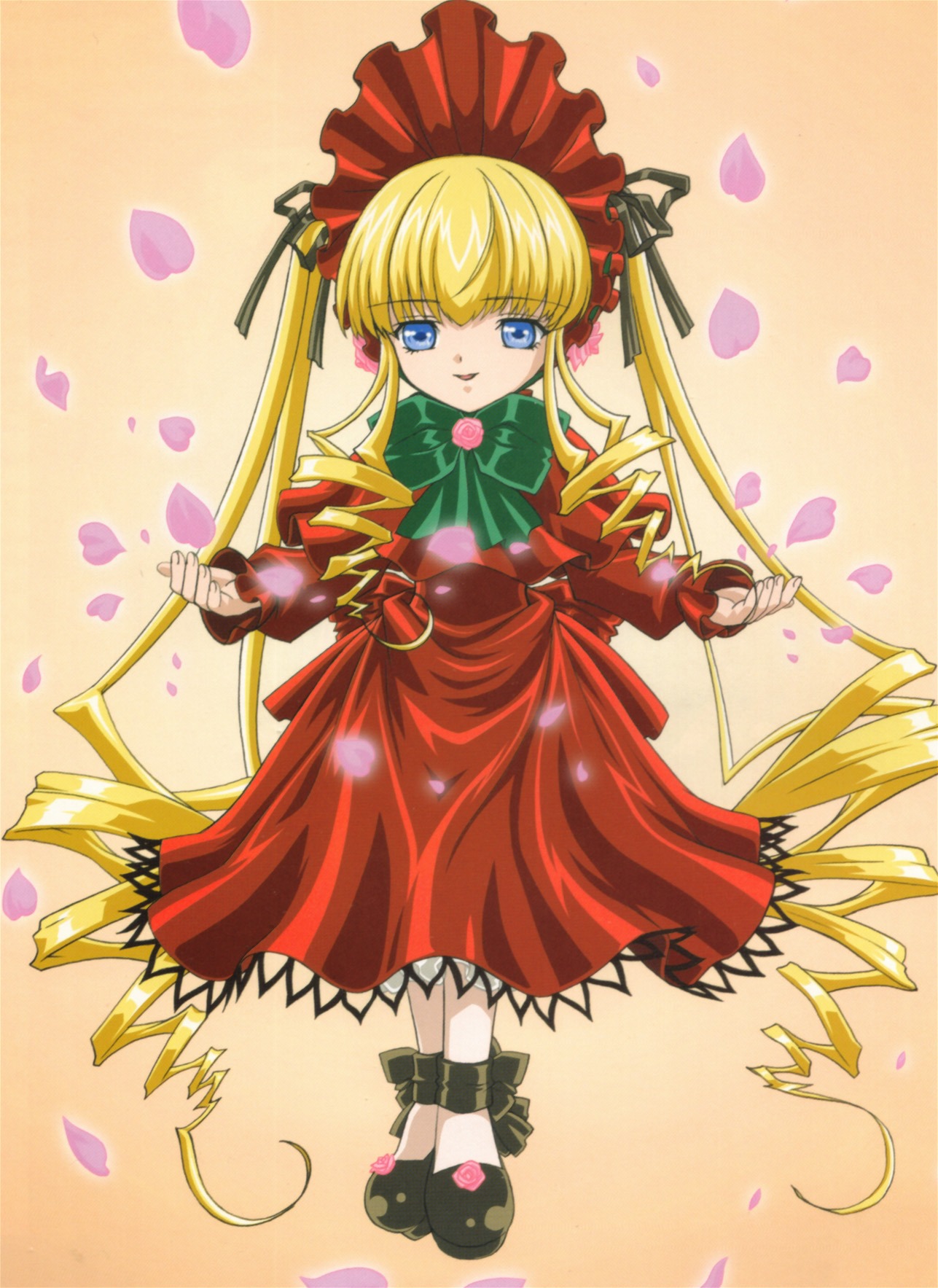 1girl blonde_hair blue_eyes bonnet bow bowtie cherry_blossoms dress flower full_body green_bow image long_hair long_sleeves looking_at_viewer petals red_dress rose_petals shinku shoes solo standing twintails very_long_hair