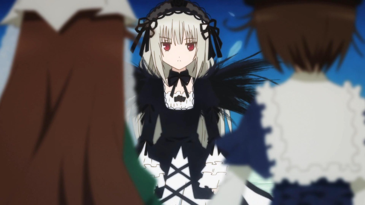 1boy 1girl black_dress black_wings blurry blurry_background blurry_foreground brown_hair depth_of_field dress frills gothic_lolita hairband image lolita_fashion lolita_hairband long_sleeves motion_blur multiple red_eyes ribbon silver_hair solo_focus suigintou tagme wings