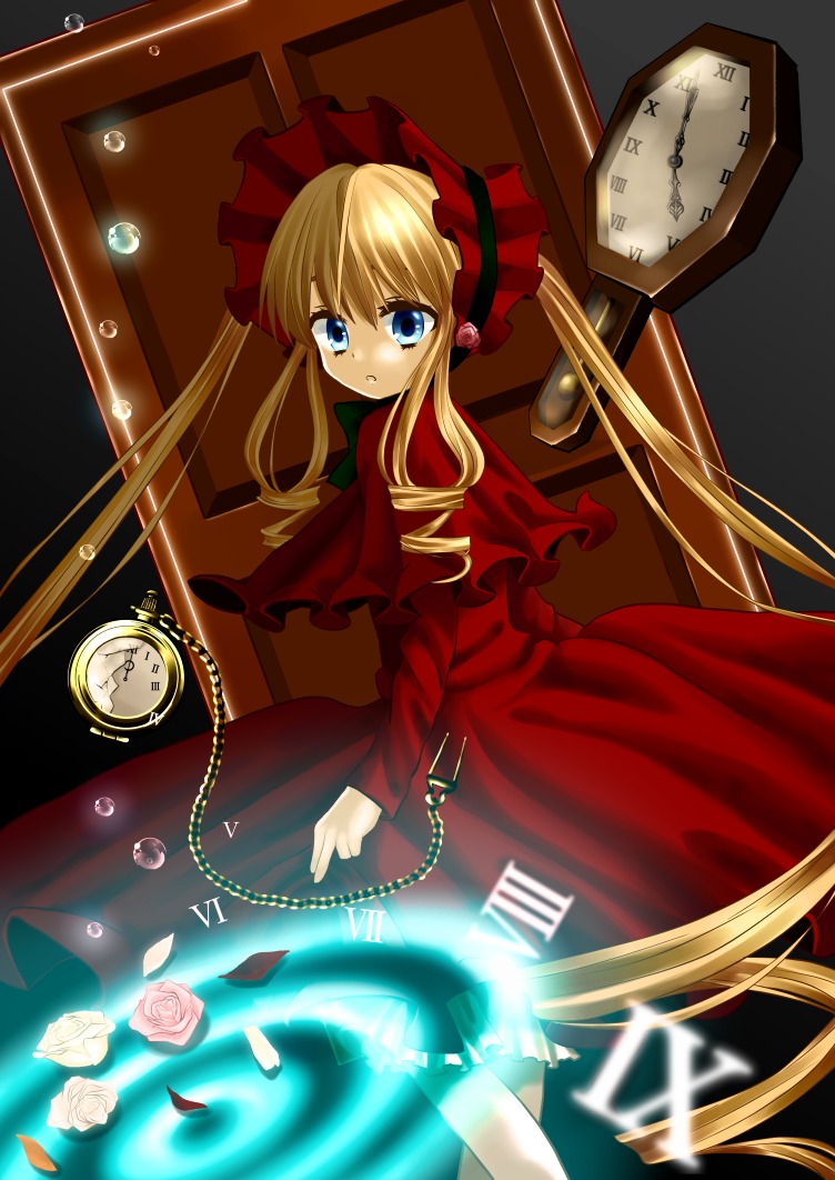 1girl analog_clock blonde_hair blue_eyes bonnet bow chain clock dress flower image long_hair long_sleeves looking_at_viewer looking_back pink_rose pocket_watch red_dress rose shinku solo twintails very_long_hair watch