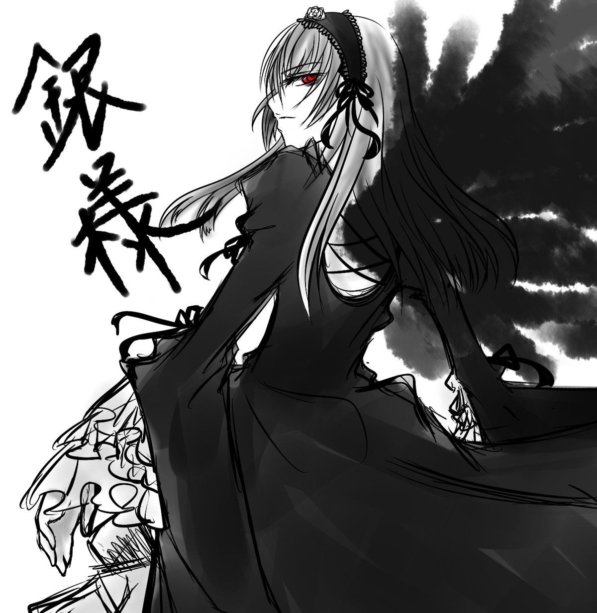 1girl black_dress dress frilled_sleeves frills hairband image lolita_hairband long_hair long_sleeves looking_at_viewer looking_back monochrome red_eyes solo suigintou wings