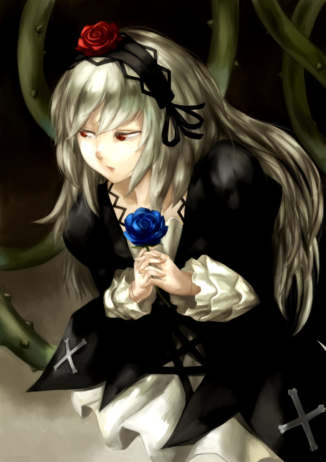 1girl blonde_hair blue_flower blue_rose commentary_request cross doll_joints dress eyelashes flower gothic_lolita hairband highres image joints lips lolita_fashion lolita_hairband long_hair plant red_eyes red_flower red_rose rose rozen_maiden silver_hair solo su_ma_ki suigintou vines wings