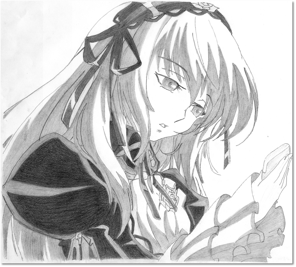 1girl bangs eyebrows_visible_through_hair frills greyscale hair_between_eyes hair_ribbon image long_hair long_sleeves monochrome neck_ribbon ribbon solo suigintou traditional_media upper_body