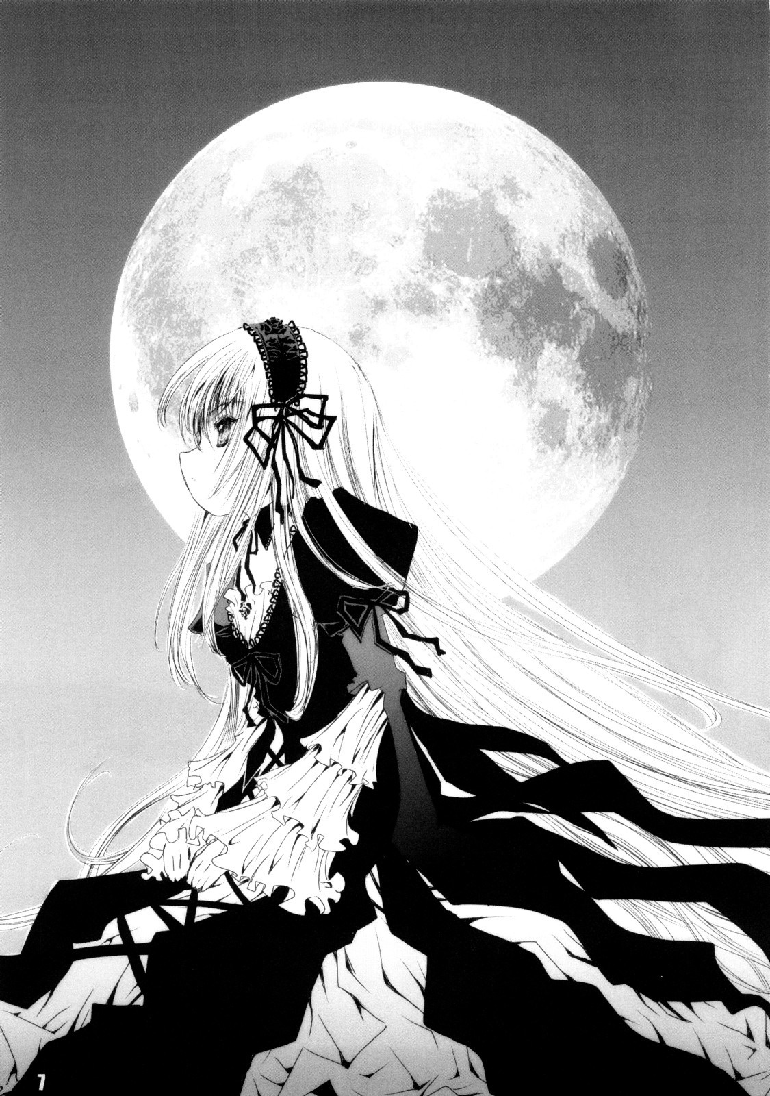 1girl dress flower frills full_moon greyscale hairband image joints long_hair long_sleeves monochrome moon night profile sitting solo suigintou very_long_hair