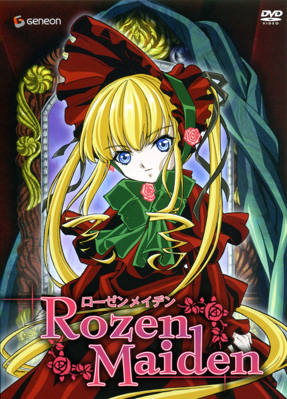 1girl blonde_hair blue_eyes bonnet bow bowtie copyright_name dress flower green_bow image long_hair long_sleeves looking_at_viewer red_dress red_flower rose shinku sidelocks solo twintails
