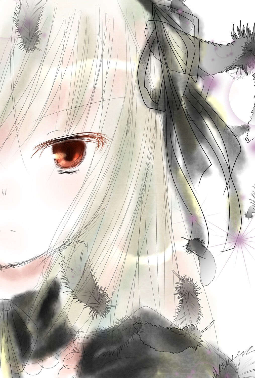 1girl black_feathers blush close-up eyelashes face feathers hair_ribbon image pubic_hair red_eyes ribbon solo suigintou